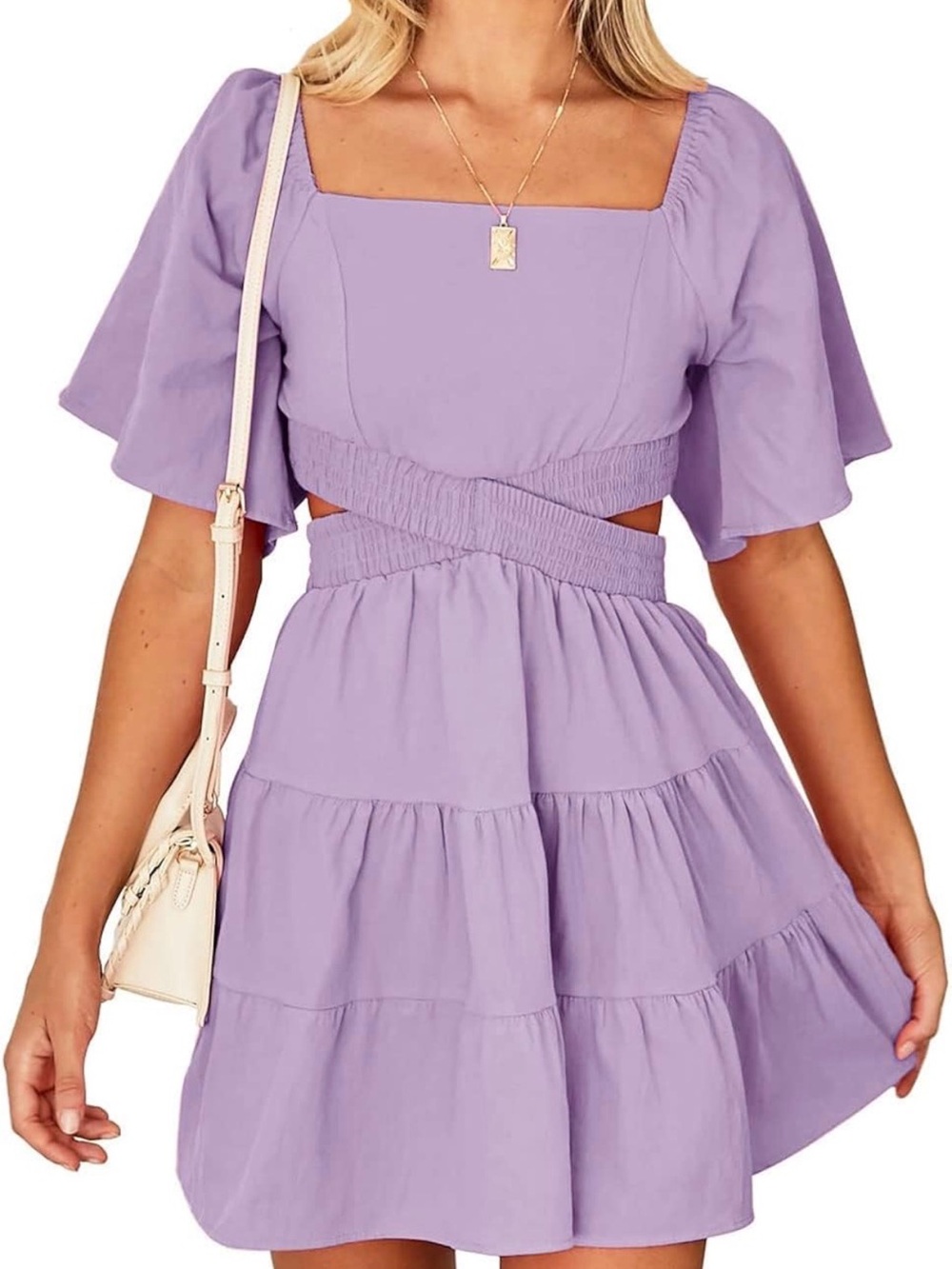 Amazon Lilac Square-Neck Tiered Mini Dress